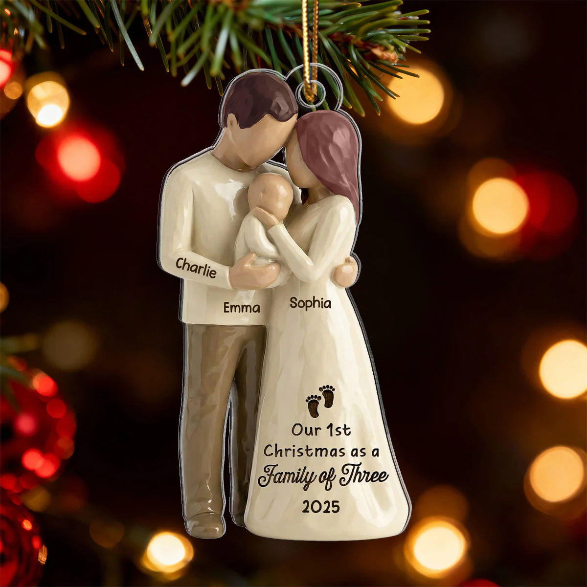 3D Effect First Christmas As Family Of Three Mom Dad & Baby - Personalized Car Hanger - Image 12
