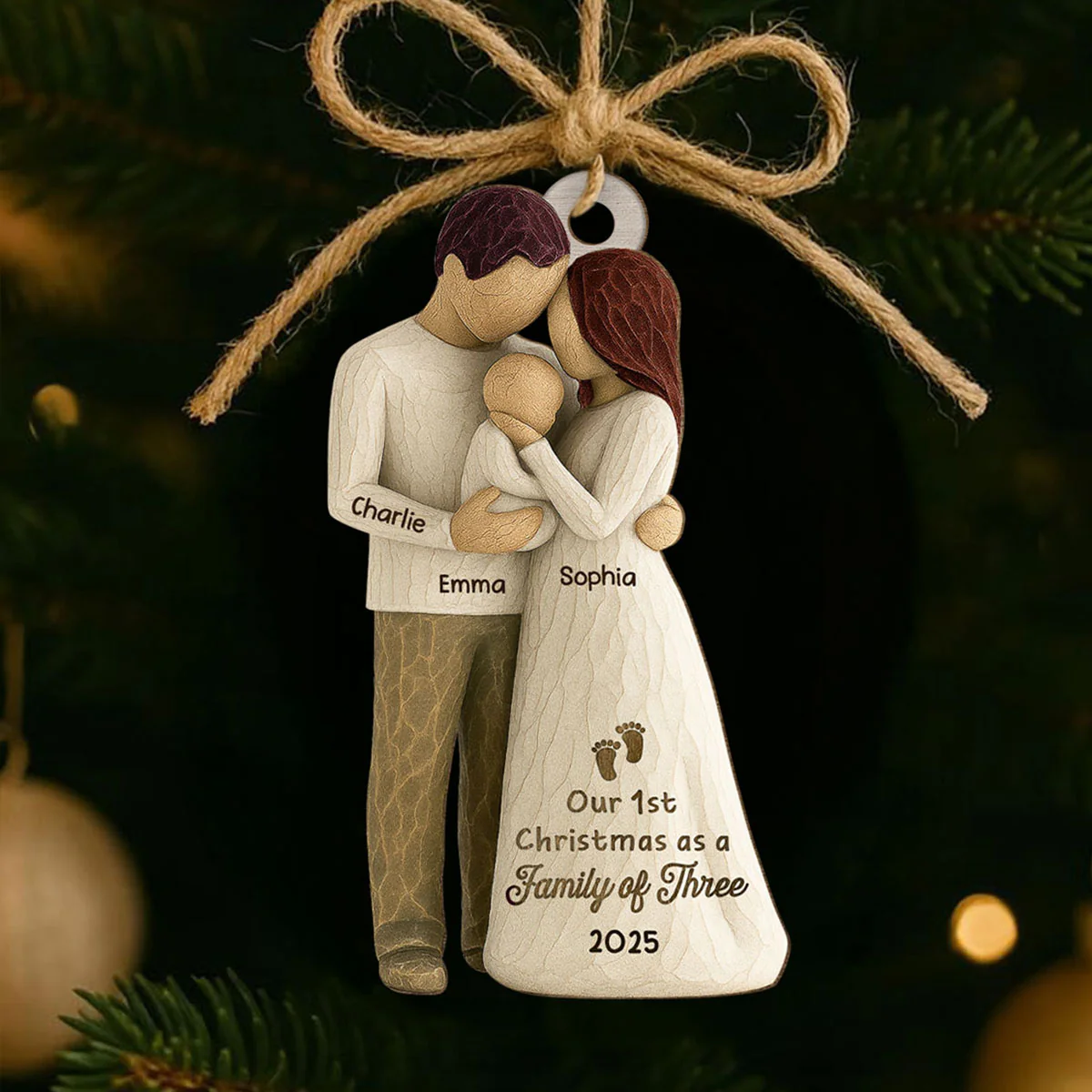 3D Effect First Christmas As Family Of Three Mom Dad & Baby - Personalized Car Hanger - Image 2