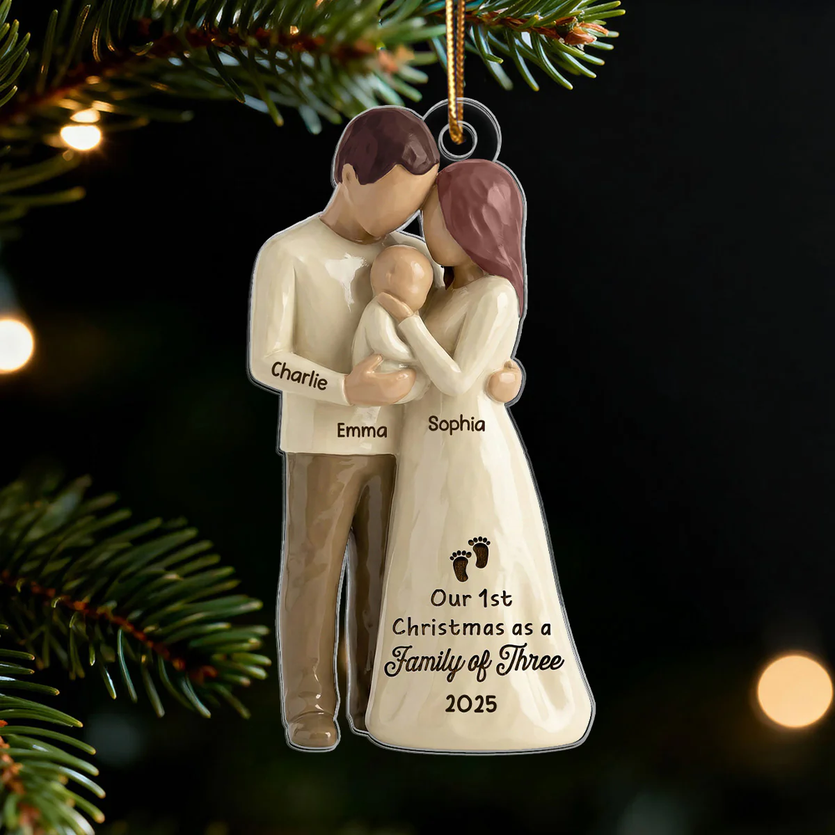3D Effect First Christmas As Family Of Three Mom Dad & Baby - Personalized Car Hanger - Image 3