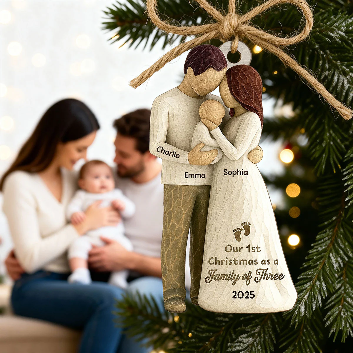 3D Effect First Christmas As Family Of Three Mom Dad & Baby - Personalized Car Hanger - Image 4