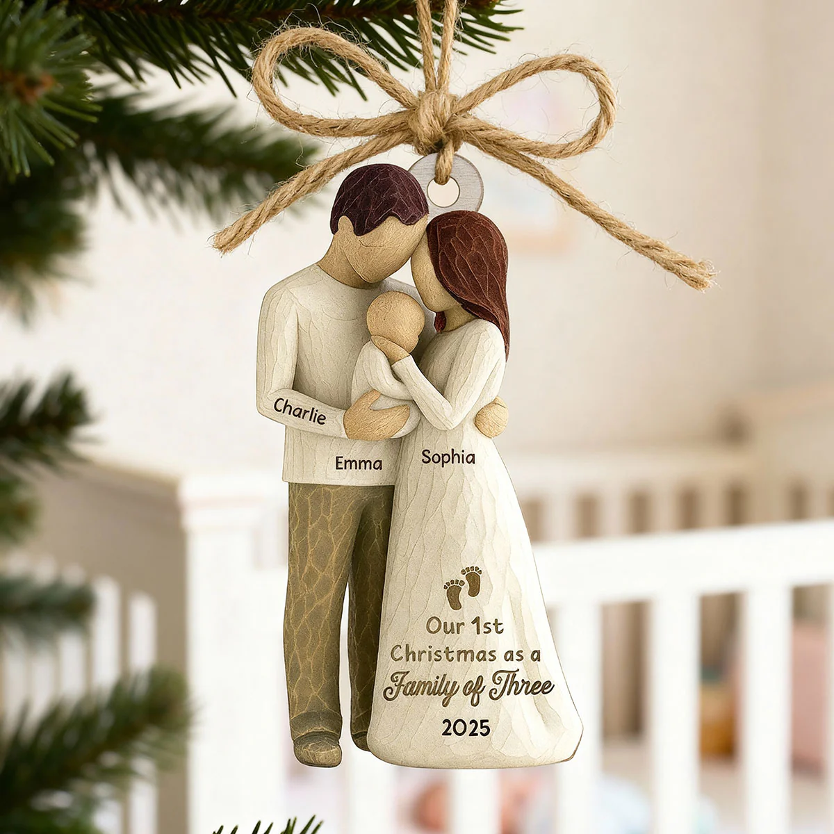 3D Effect First Christmas As Family Of Three Mom Dad & Baby - Personalized Car Hanger - Image 7