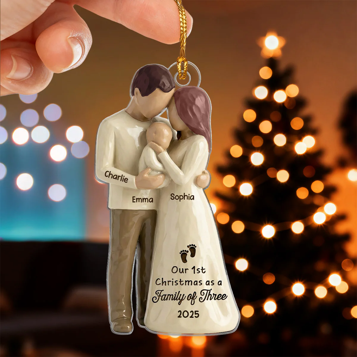3D Effect First Christmas As Family Of Three Mom Dad & Baby - Personalized Car Hanger - Image 9
