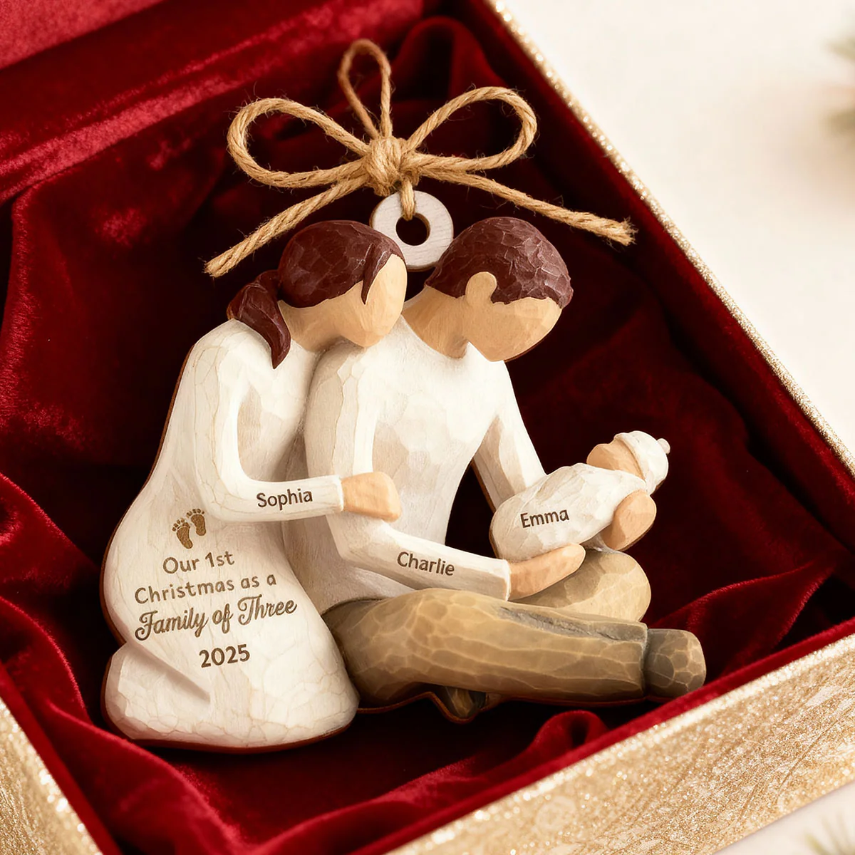 3D Effect First Christmas As Family Of Three Mom Dad Holding Baby - Personalized Wooden Ornament - Image 3