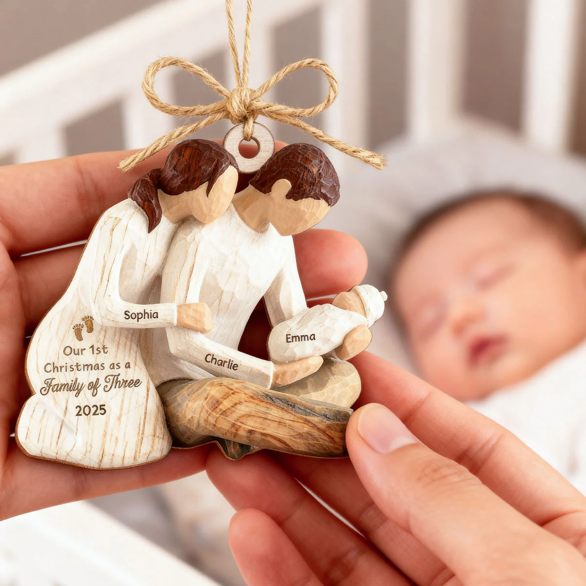 3D Effect First Christmas As Family Of Three Mom Dad Holding Baby - Personalized Wooden Ornament - Image 4