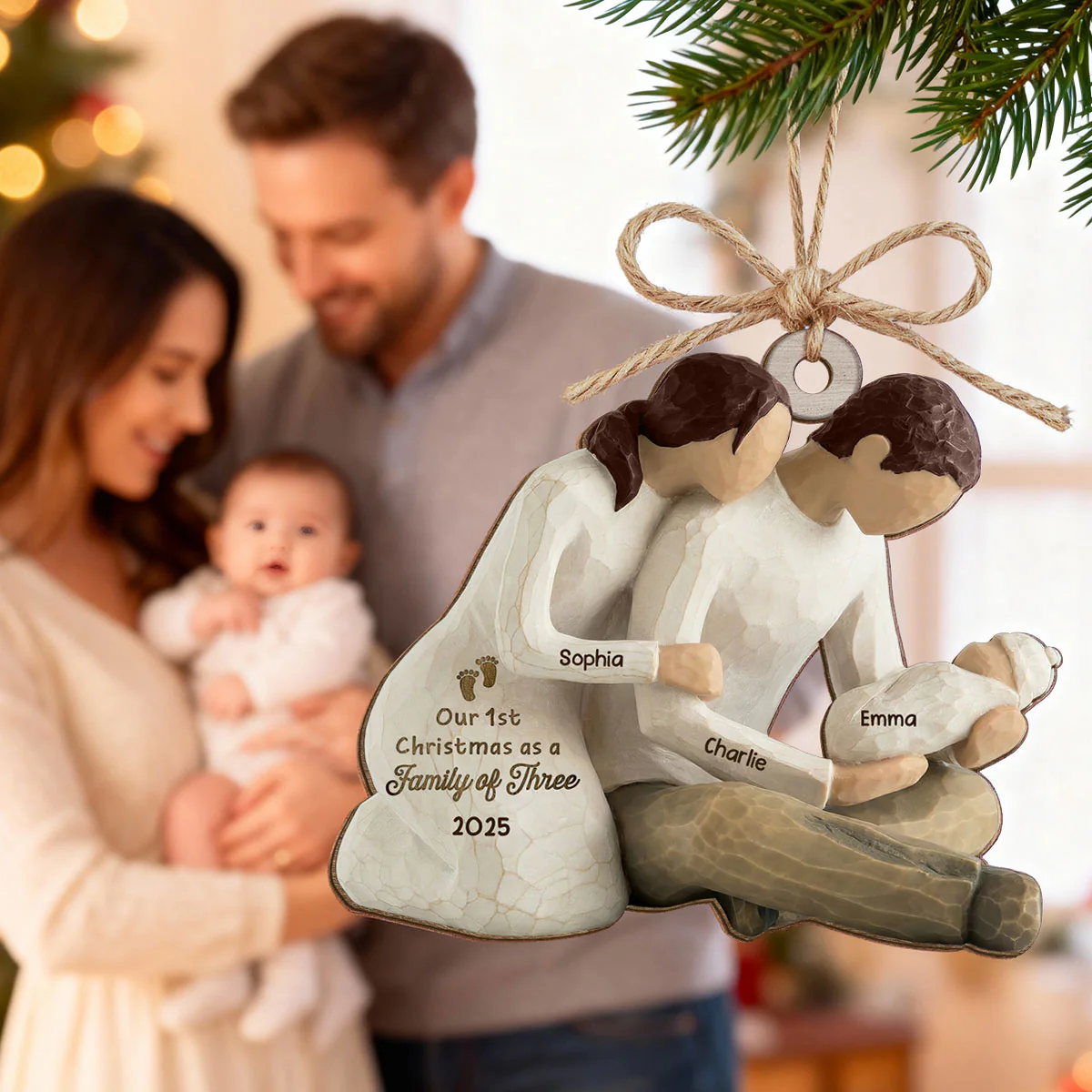 3D Effect First Christmas As Family Of Three Mom Dad Holding Baby - Personalized Wooden Ornament - Image 5