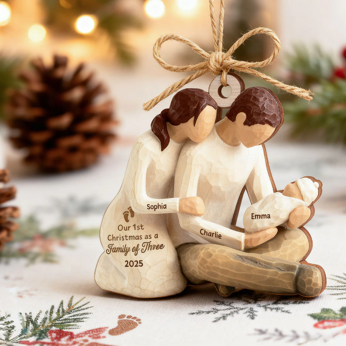 3D Effect First Christmas As Family Of Three Mom Dad Holding Baby - Personalized Wooden Ornament - Image 6
