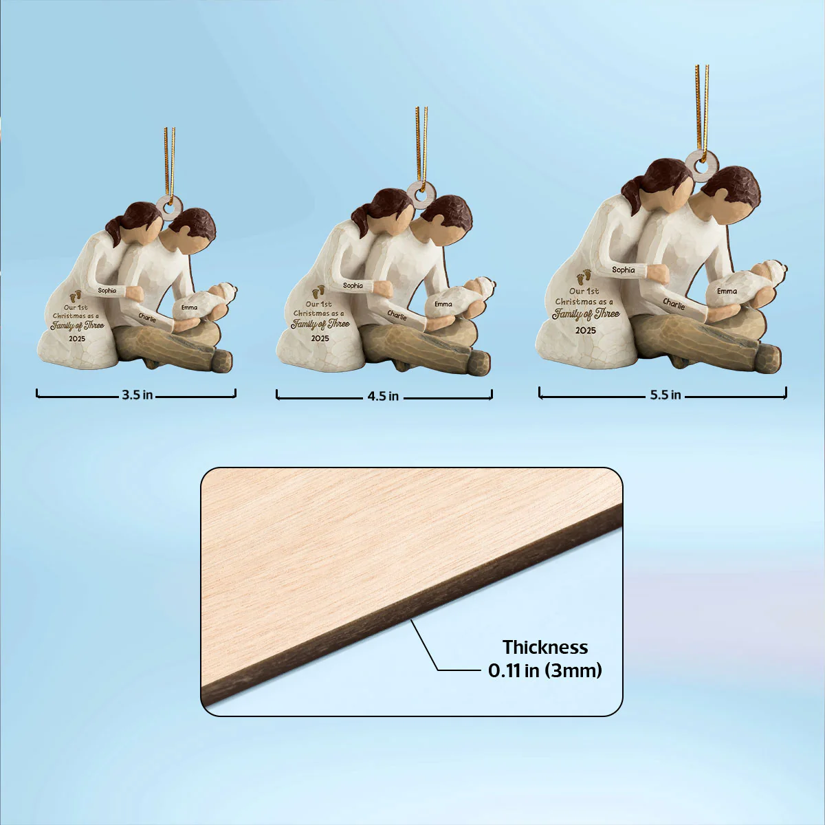 3D Effect First Christmas As Family Of Three Mom Dad Holding Baby - Personalized Wooden Ornament - Image 7