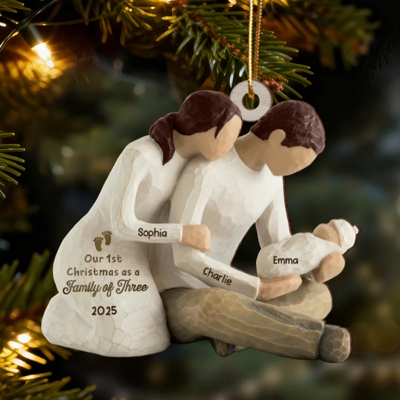 3D Effect First Christmas As Family Of Three Mom Dad Holding Baby - Personalized Wooden Ornament - Image 8