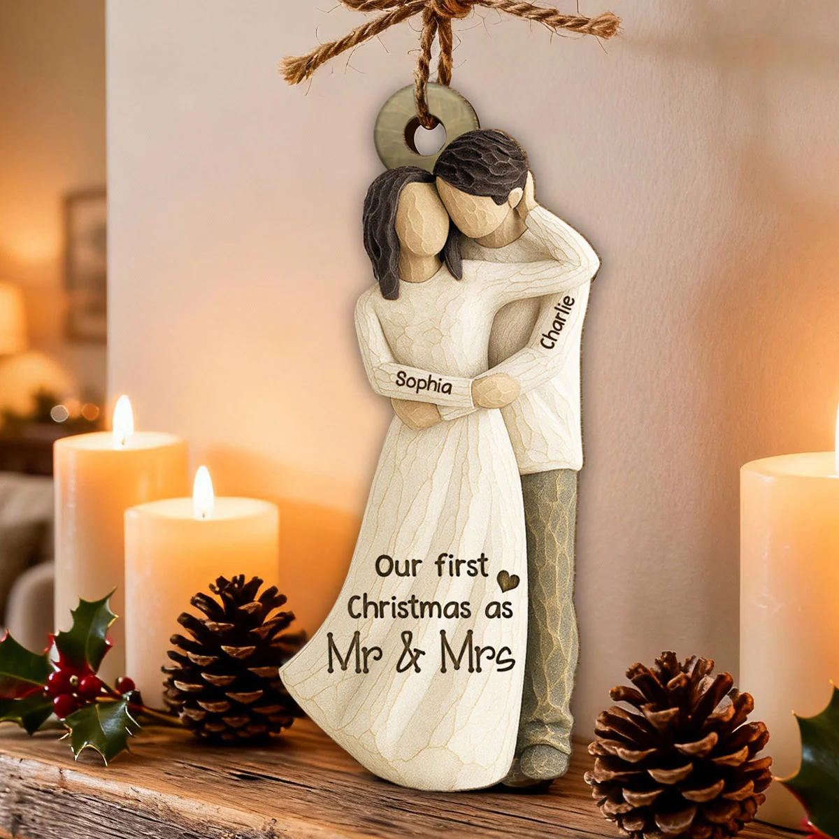 3D Effect First Christmas As Mr. & Mrs. - Personalized Wooden Ornament - Newlyweds Couple Gift - Image 4