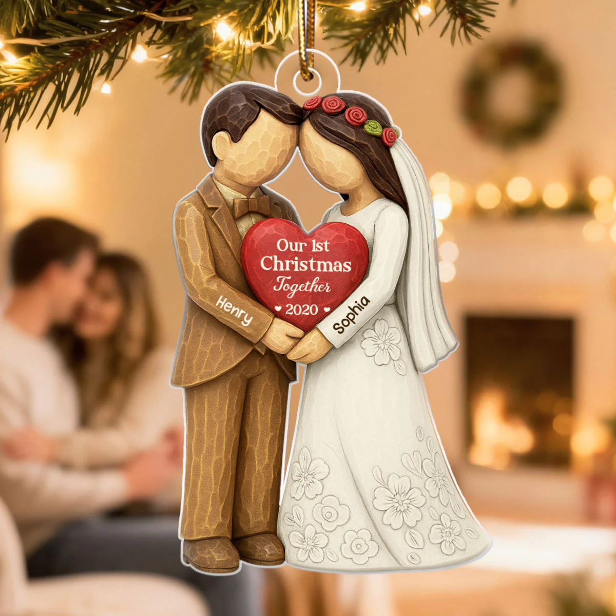 3D Effect First Christmas Married Engaged Couple - Personalized Acrylic Ornament - Christmas Gift for her, for him, Newlyweds Gift - Image 3