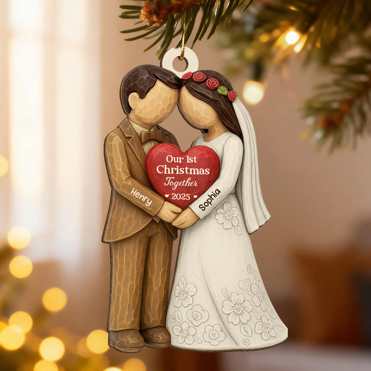 3D Effect First Christmas Married Engaged Couple - Personalized Wooden Ornament - Christmas Gift for her, for him, Newlyweds Gift - Image 2