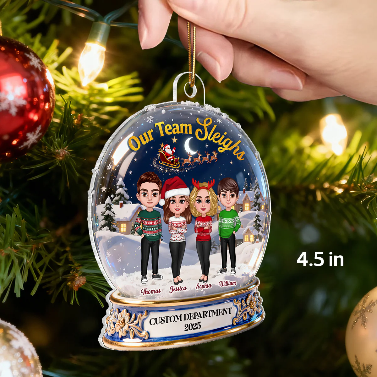 3D Effect Flat Snow Globe Our Team Sleighs Best Team Ever - Personalized Acrylic Ornament, Company Christmas Gift For Staff, For Employees - Image 2