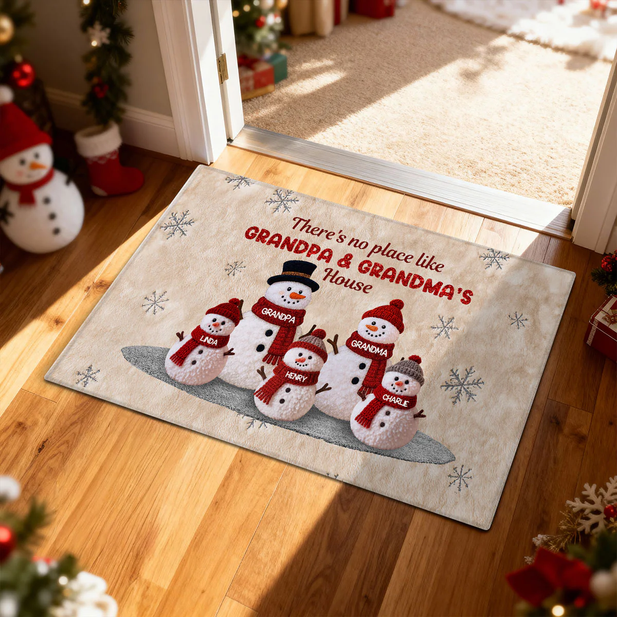 3D Effect Fleece Texture Christmas Grandma Grandkids Snowman Together - Personalized Doormat - Image 2