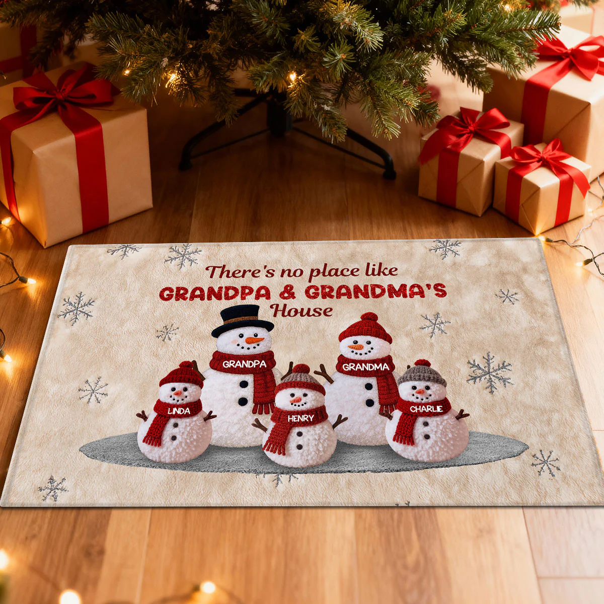3D Effect Fleece Texture Christmas Grandma Grandkids Snowman Together - Personalized Doormat - Image 3