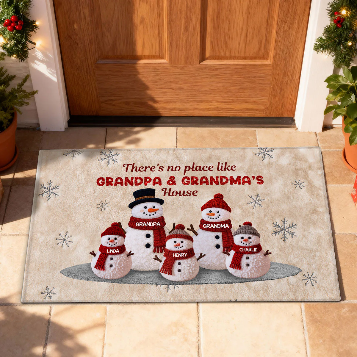 3D Effect Fleece Texture Christmas Grandma Grandkids Snowman Together - Personalized Doormat - Image 4