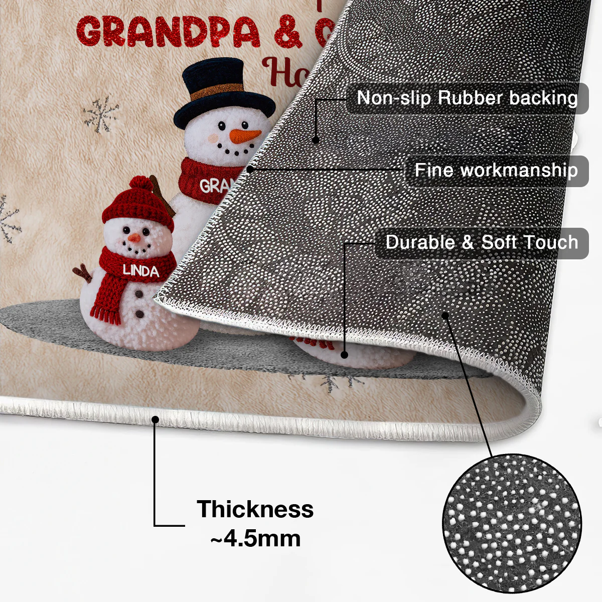 3D Effect Fleece Texture Christmas Grandma Grandkids Snowman Together - Personalized Doormat - Image 6