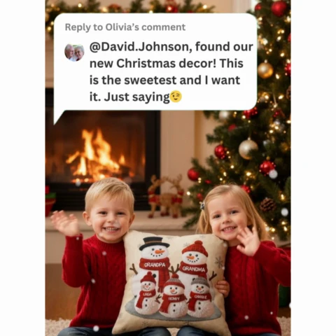 3D Effect Fleece Texture Christmas Grandma Grandkids Snowman Together - Personalized Pillow - Heartwarming Gift For Grandparents - Image 2