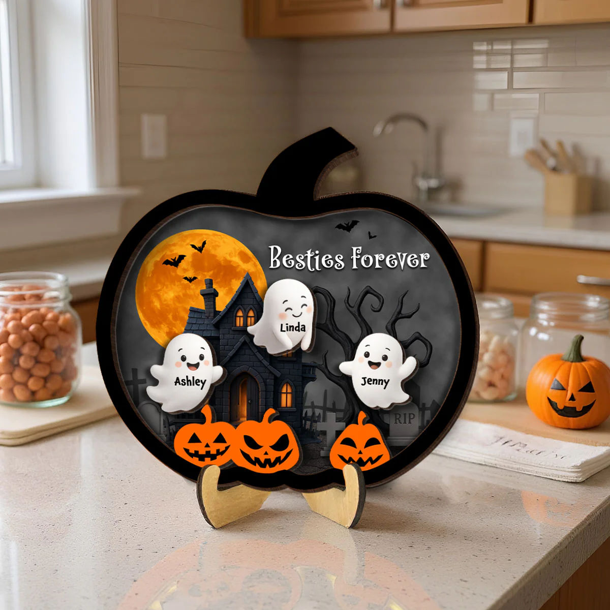 3D Effect Ghost Friends, Ghost Family Inside Pumpkin Personalized 2-Layer Wooden Plaque, Halloween Decoration - Image 3