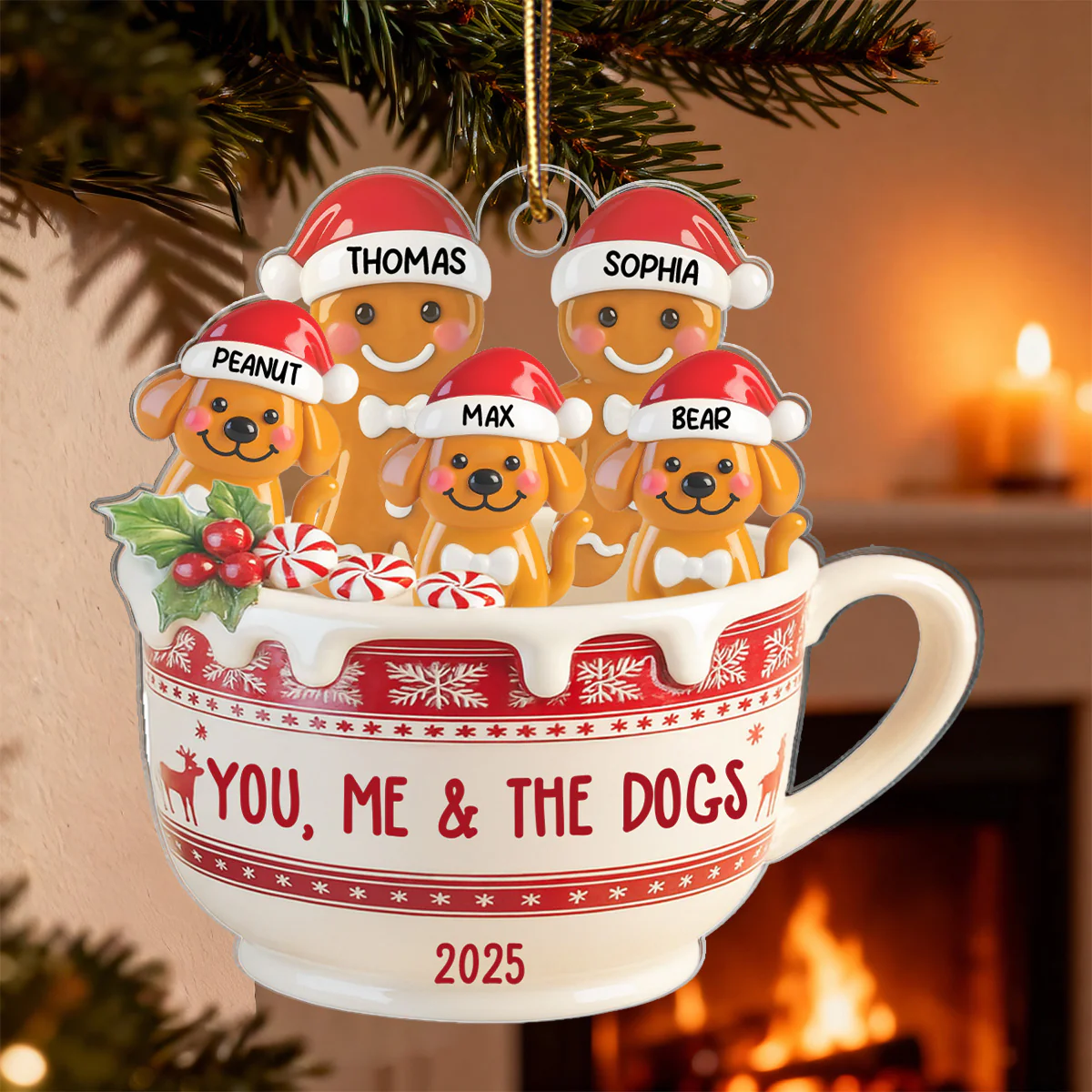 3D Effect Gingerbread Couple & Dog Cat In Hot Cocoa - Personalized Acrylic Ornament - Image 3