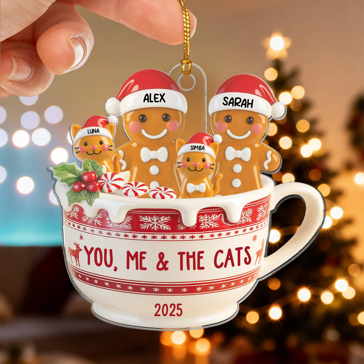 3D Effect Gingerbread Couple & Dog Cat In Hot Cocoa - Personalized Acrylic Ornament - Image 4
