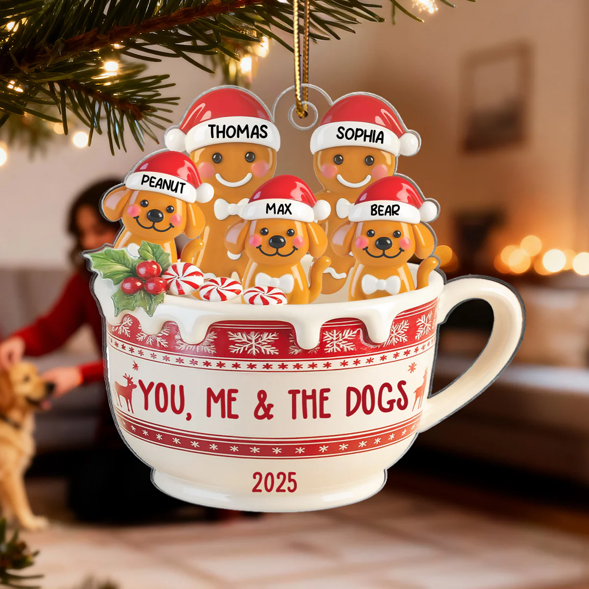 3D Effect Gingerbread Couple & Dog Cat In Hot Cocoa - Personalized Acrylic Ornament - Image 5
