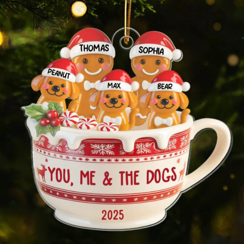 3D Effect Gingerbread Couple & Dog Cat In Hot Cocoa - Personalized Acrylic Ornament - Image 8