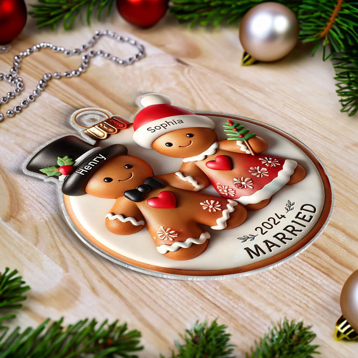 3D Effect Gingerbread Couple Married Engaged Merry Christmas Personalized Acrylic Ornament - Image 3