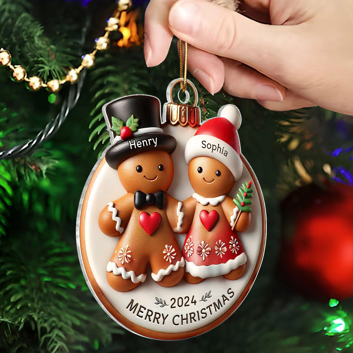 3D Effect Gingerbread Couple Married Engaged Merry Christmas Personalized Acrylic Ornament - Image 4