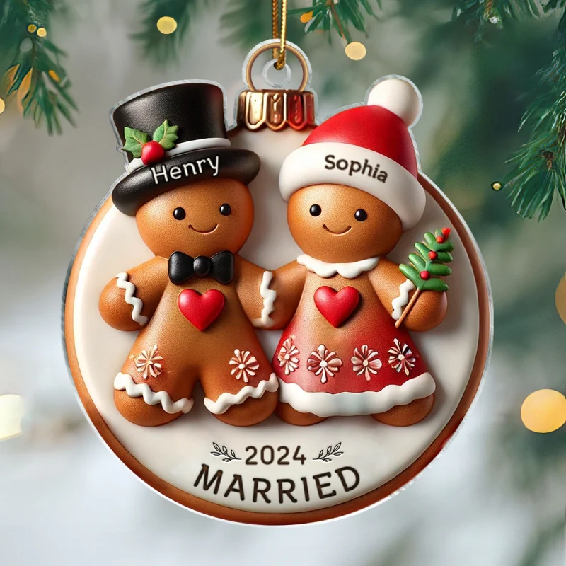 3D Effect Gingerbread Couple Married Engaged Merry Christmas Personalized Acrylic Ornament - Image 7