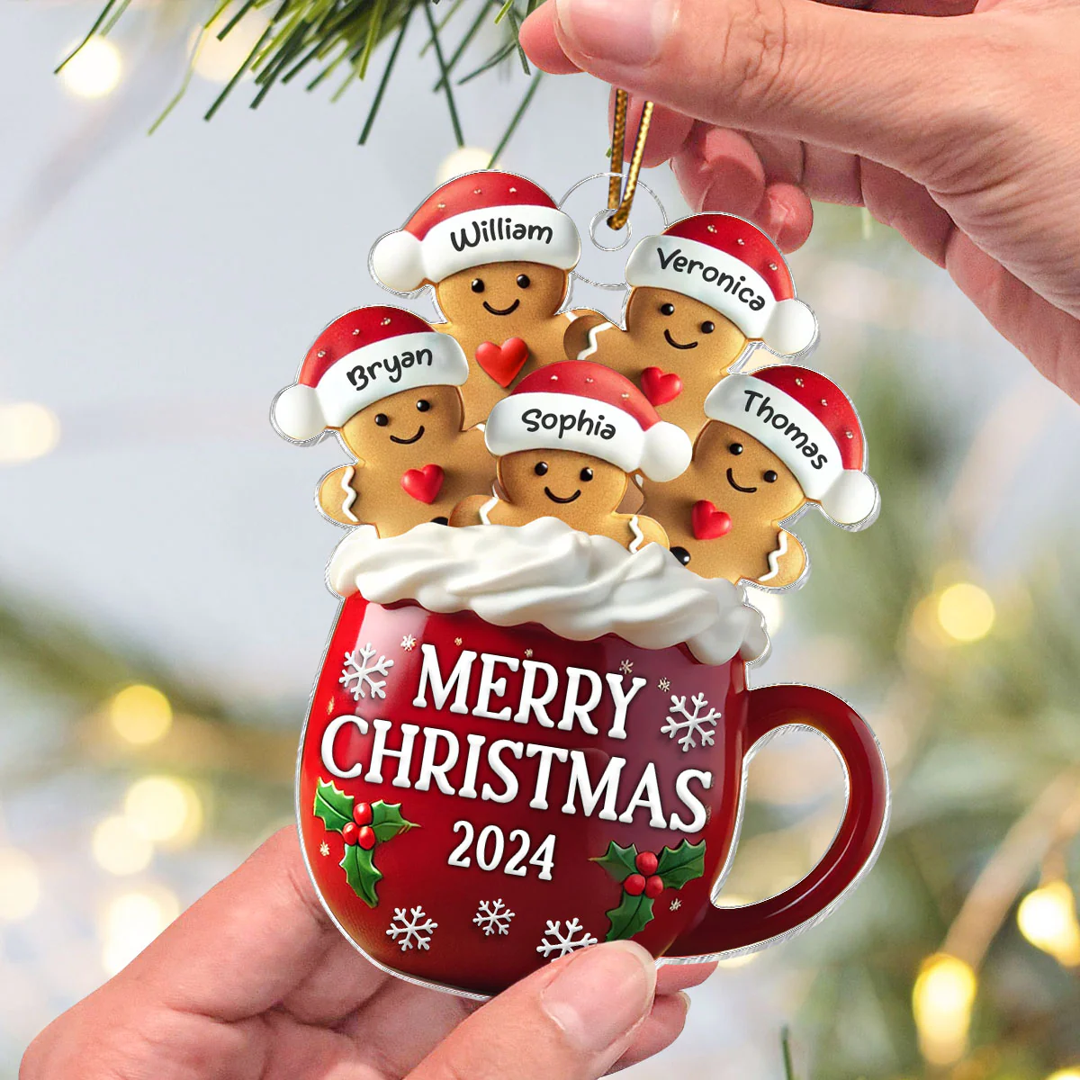 3D Effect Gingerbread Family In Hot Cocoa Christmas Decor Personalized Acrylic Ornament - Image 3