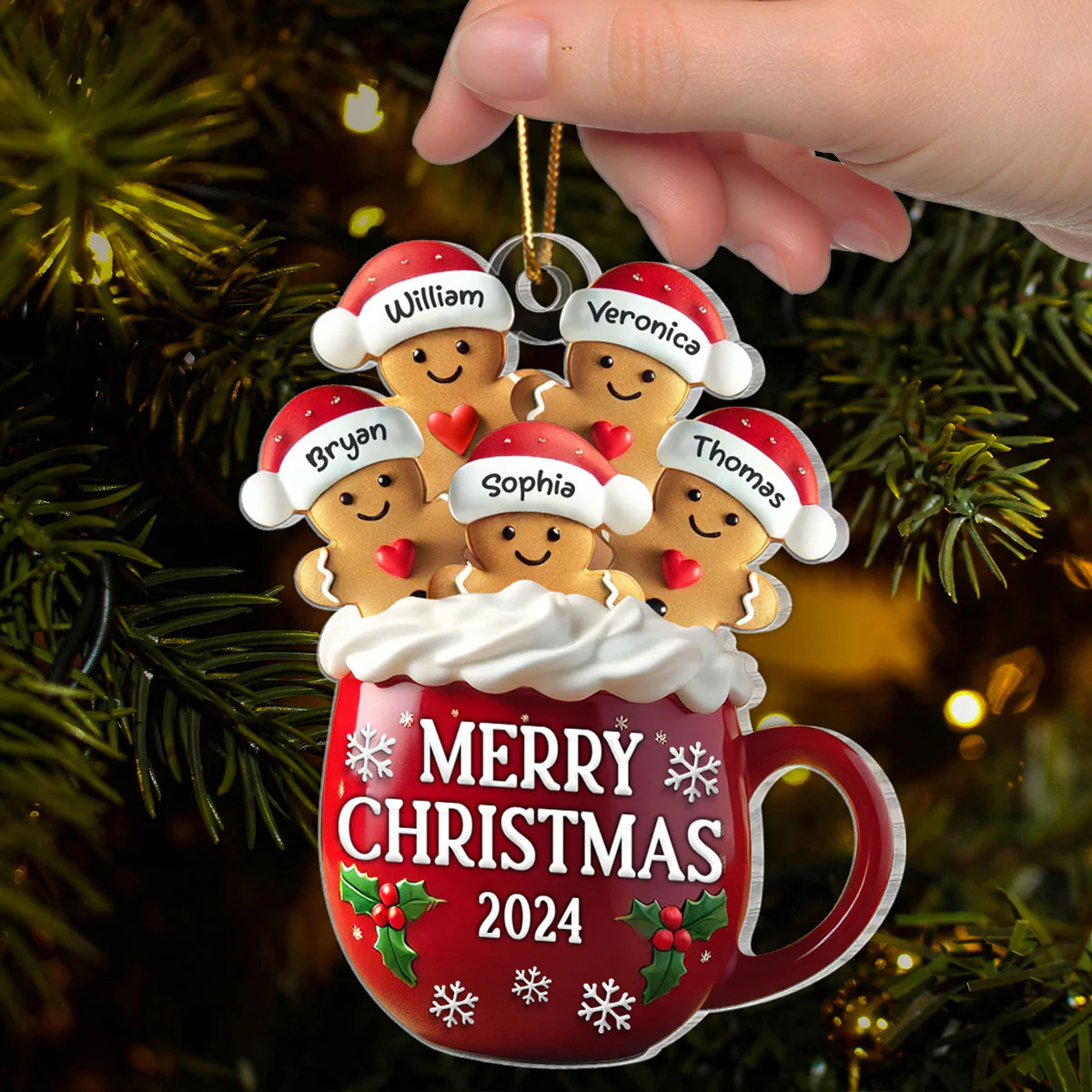 3D Effect Gingerbread Family In Hot Cocoa Christmas Decor Personalized Acrylic Ornament - Image 4
