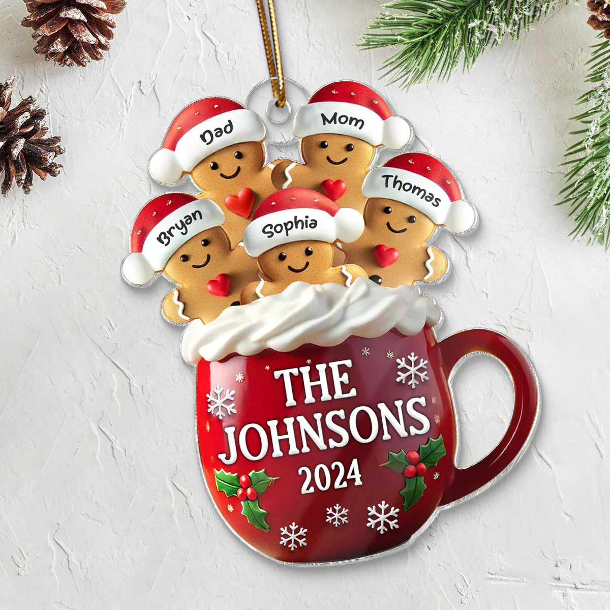 3D Effect Gingerbread Family In Hot Cocoa Christmas Decor Personalized Acrylic Ornament - Image 5