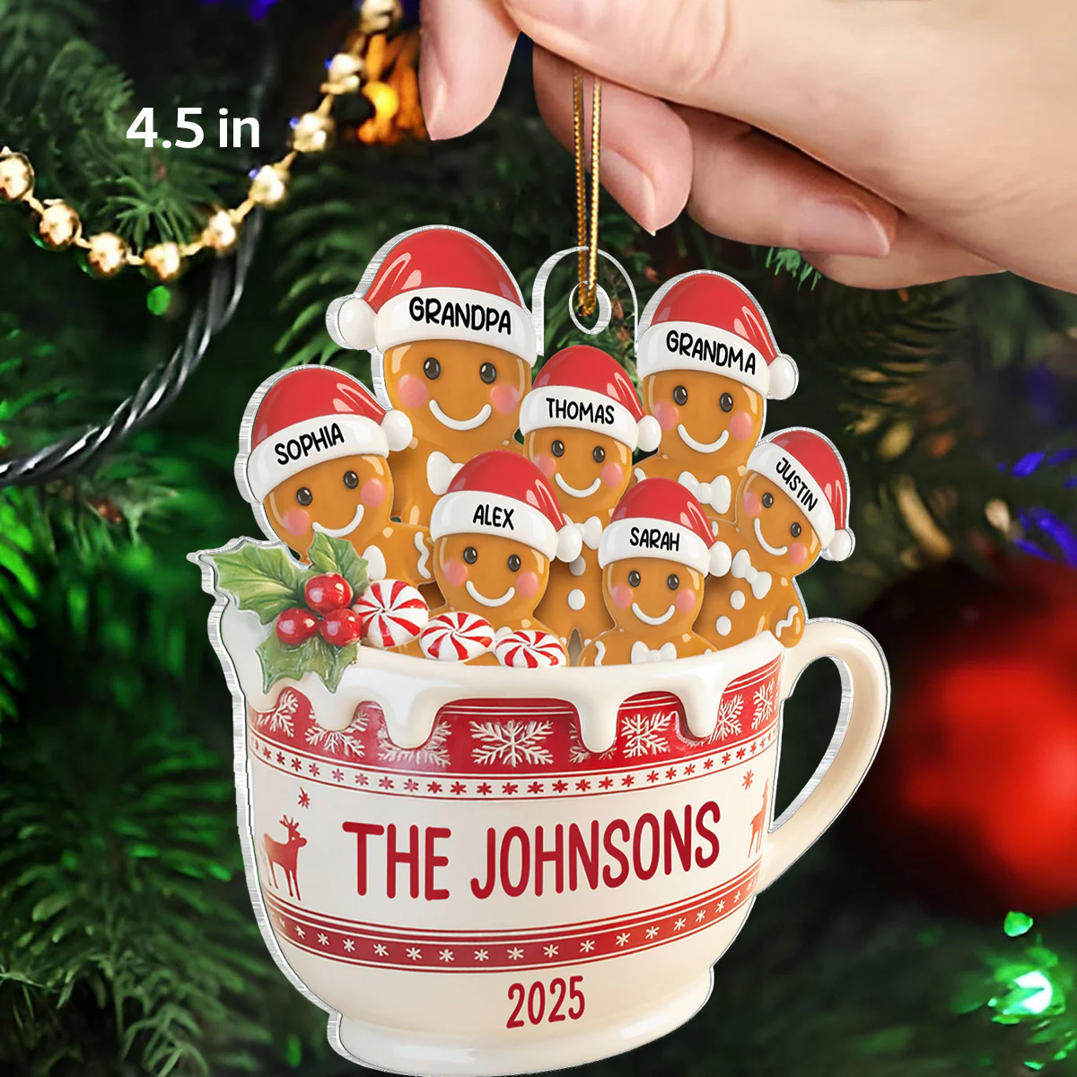 3D Effect Gingerbread Family In Hot Cocoa - Personalized Acrylic Ornament - Image 2