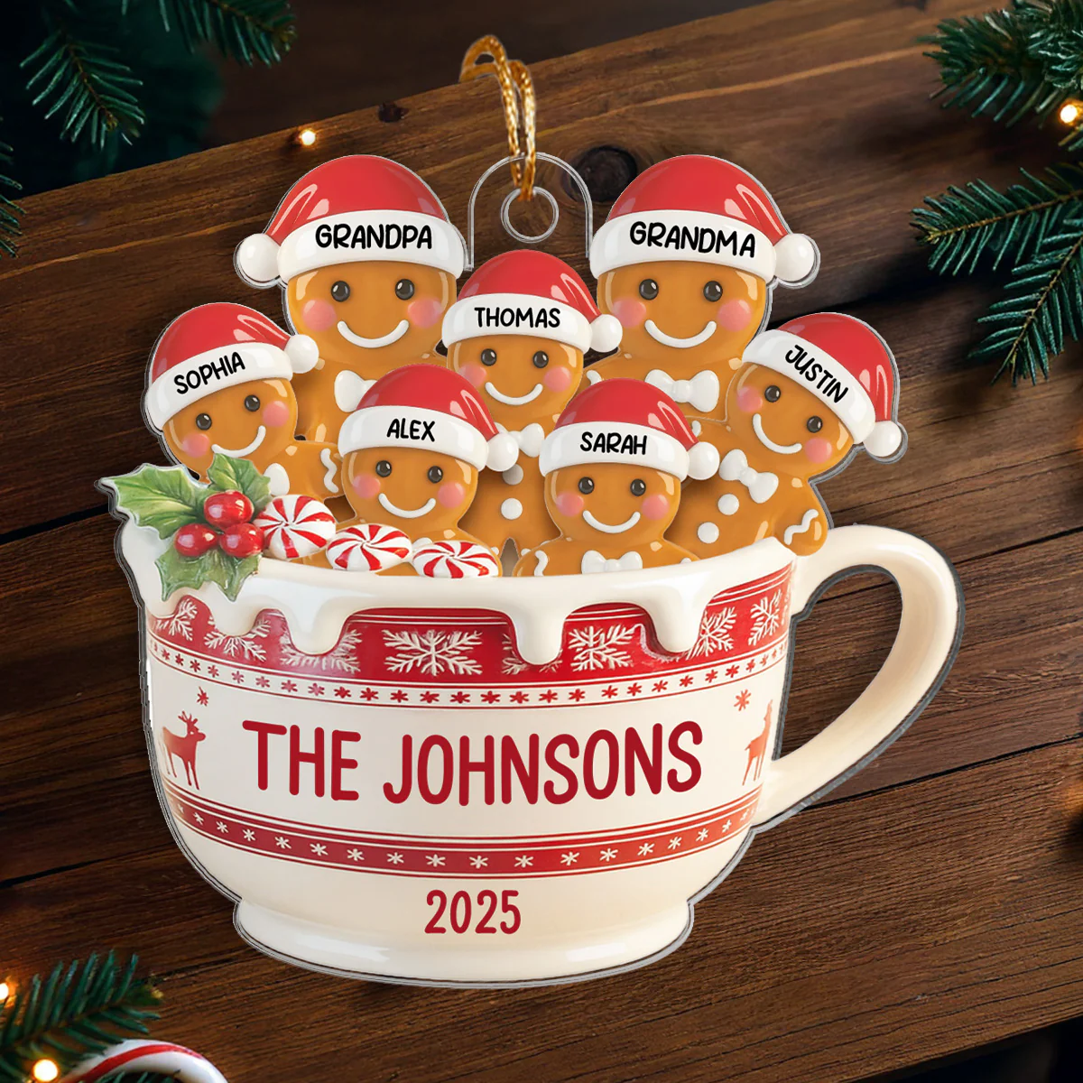 3D Effect Gingerbread Family In Hot Cocoa - Personalized Acrylic Ornament - Image 3