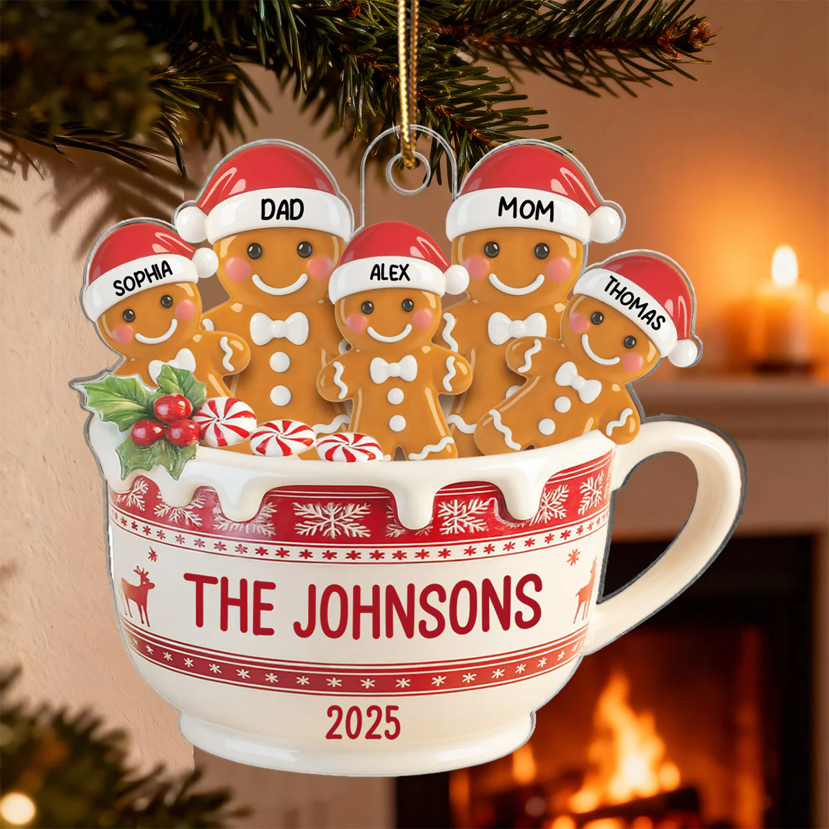 3D Effect Gingerbread Family In Hot Cocoa - Personalized Acrylic Ornament - Image 4