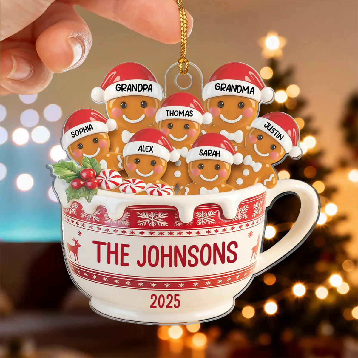 3D Effect Gingerbread Family In Hot Cocoa - Personalized Acrylic Ornament - Image 5