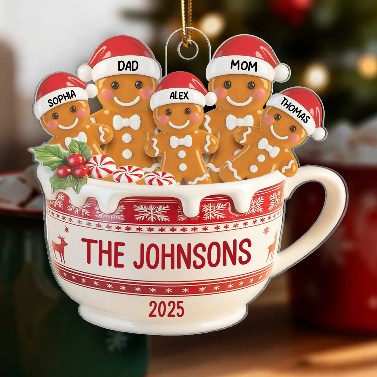 3D Effect Gingerbread Family In Hot Cocoa - Personalized Acrylic Ornament - Image 6
