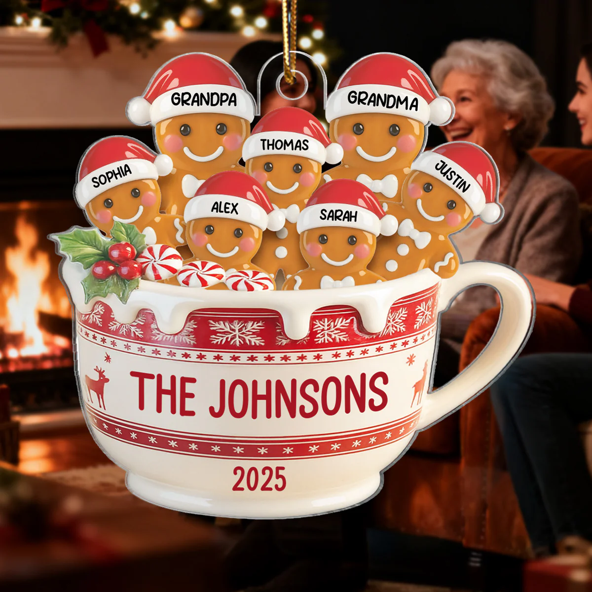 3D Effect Gingerbread Family In Hot Cocoa - Personalized Acrylic Ornament - Image 7