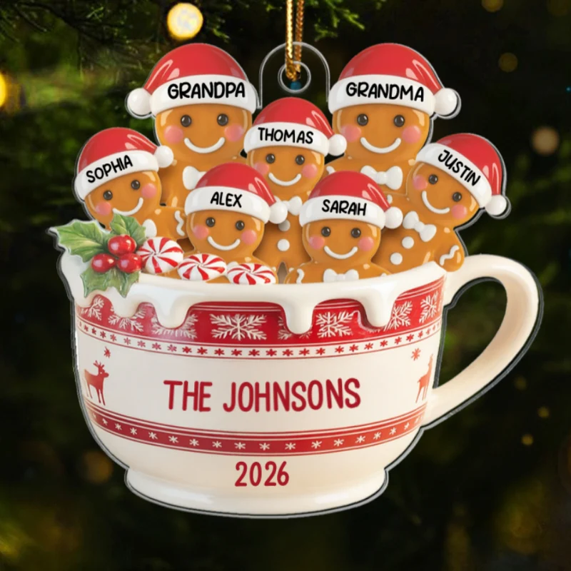3D Effect Gingerbread Family In Hot Cocoa - Personalized Acrylic Ornament - Image 9
