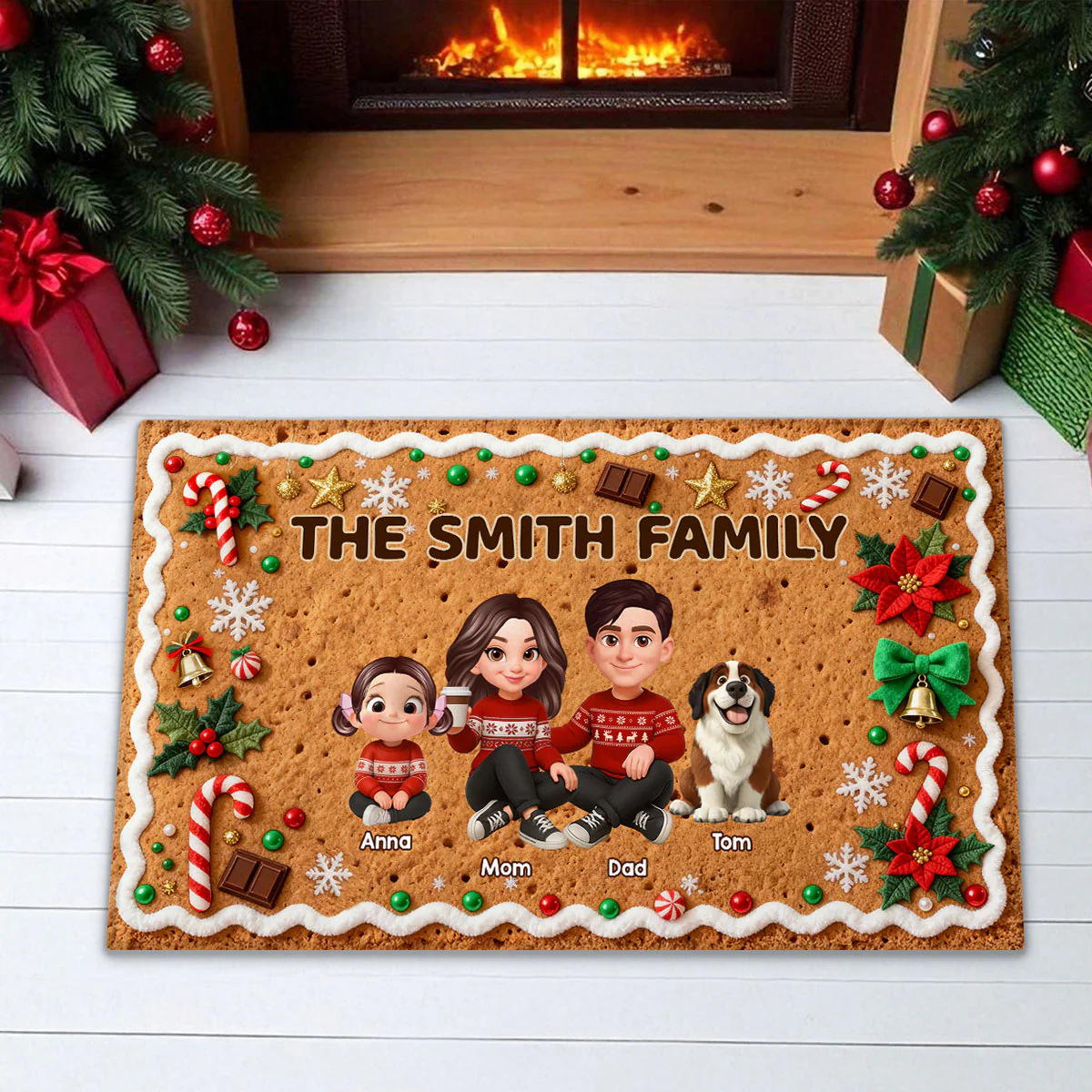 3D Effect Gingerbread Family Together Christmas - Personalized Doormat - Image 4