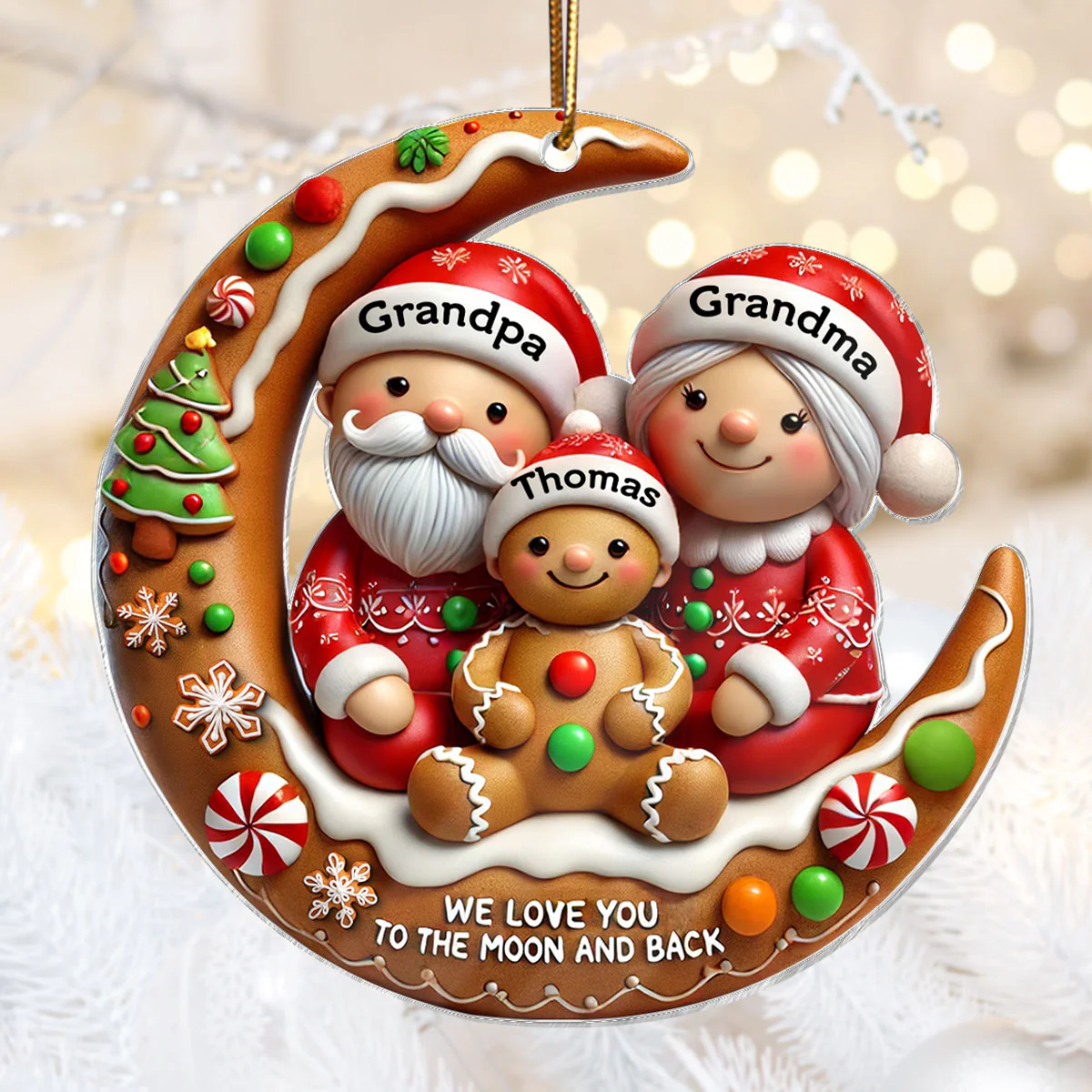 3D Effect Gingerbread Grandma Grandpa Hugging Grandkid On Moon Christmas Personalized Acrylic Ornament, Gift For Granddaughter, Grandson