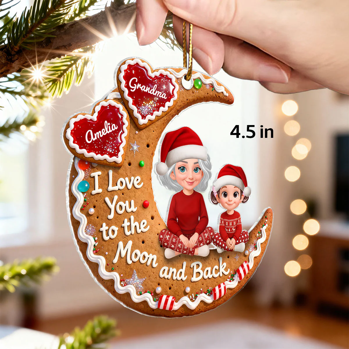 3D Effect Gingerbread Moon Grandma Grandkid Love You To The Moon And Back - Personalized Acrylic Ornament - Christmas Gift For All Grandkids - Image 2