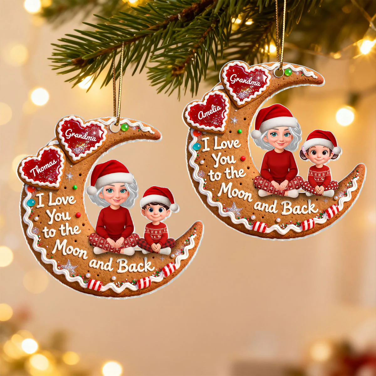 3D Effect Gingerbread Moon Grandma Grandkid Love You To The Moon And Back - Personalized Acrylic Ornament - Christmas Gift For All Grandkids - Image 3
