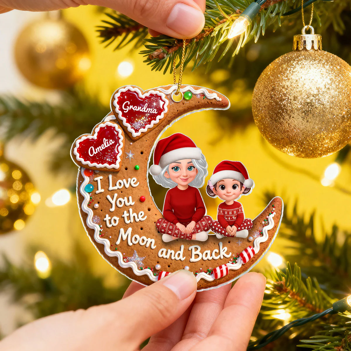 3D Effect Gingerbread Moon Grandma Grandkid Love You To The Moon And Back - Personalized Acrylic Ornament - Christmas Gift For All Grandkids - Image 4
