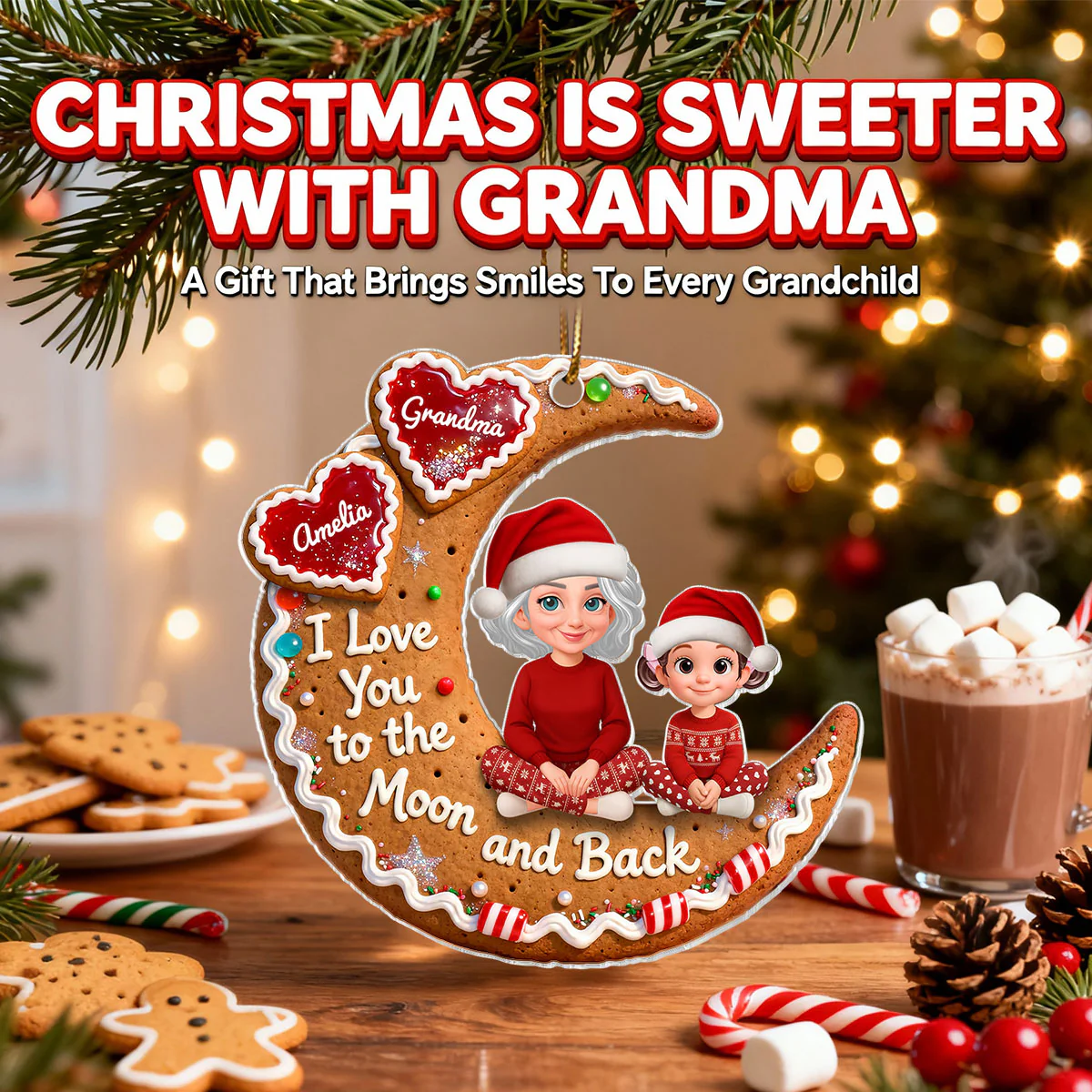3D Effect Gingerbread Moon Grandma Grandkid Love You To The Moon And Back - Personalized Acrylic Ornament - Christmas Gift For All Grandkids - Image 9