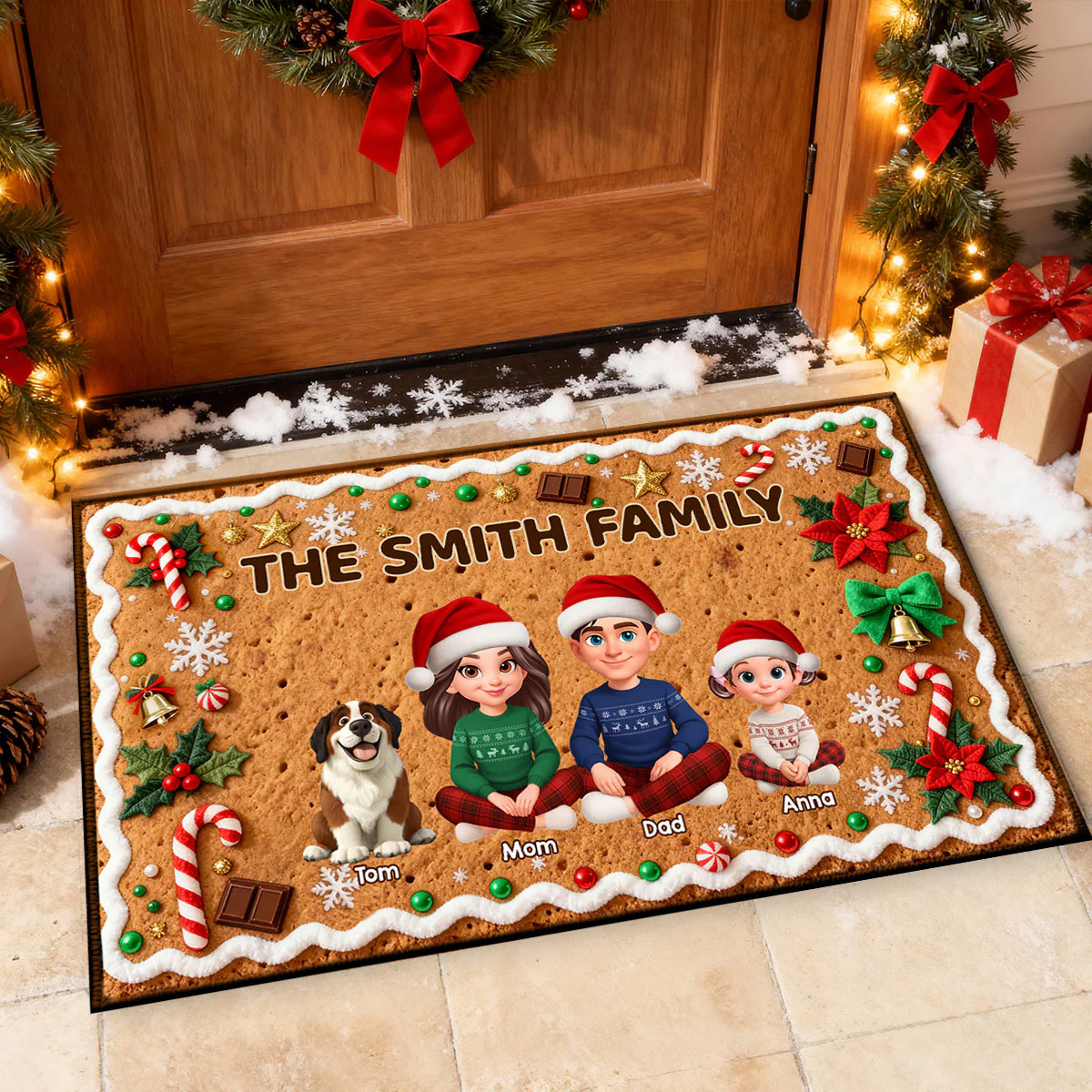 3D Effect Gingerbread Theme Beautiful Family Together Christmas - Personalized Doormat - Image 2