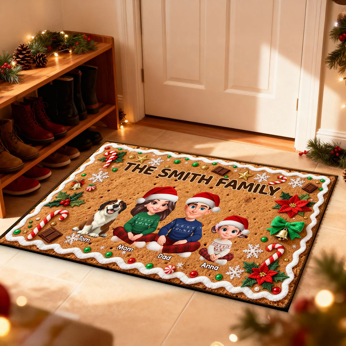 3D Effect Gingerbread Theme Beautiful Family Together Christmas - Personalized Doormat - Image 5