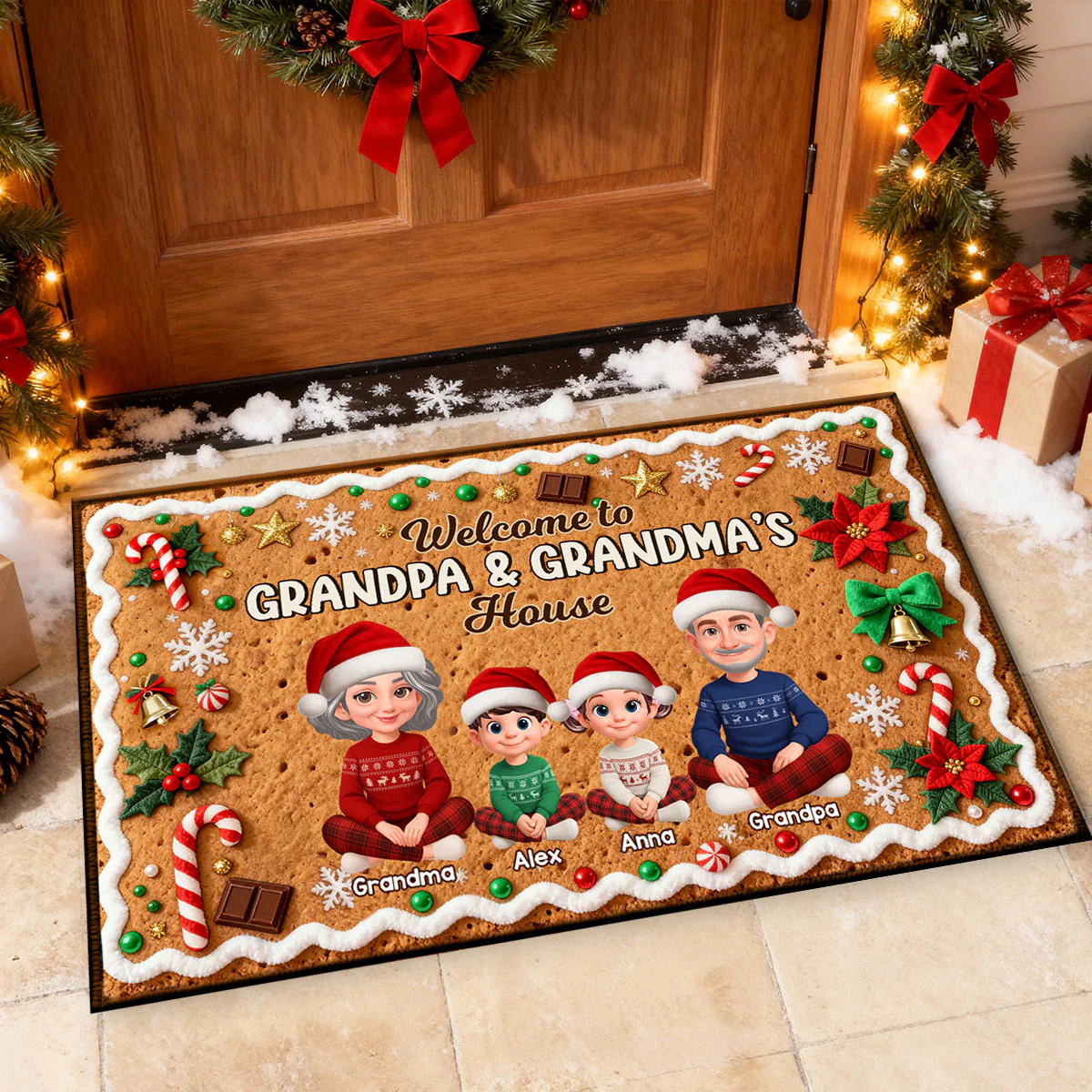 3D Effect Gingerbread Theme Welcome To Grandpa Grandma House Christmas - Personalized Doormat - Image 2
