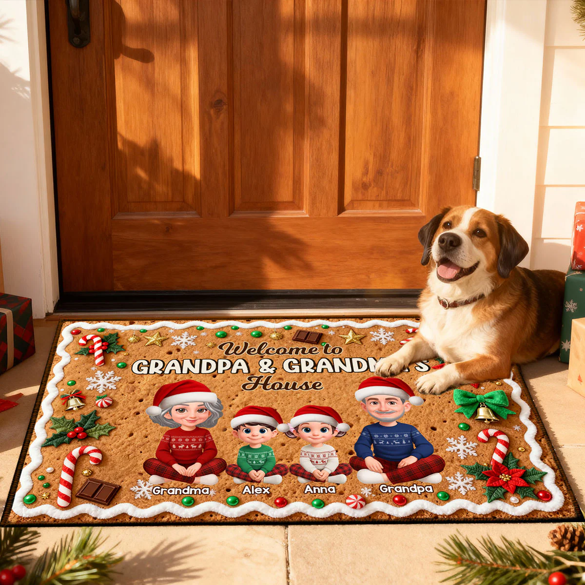 3D Effect Gingerbread Theme Welcome To Grandpa Grandma House Christmas - Personalized Doormat - Image 3