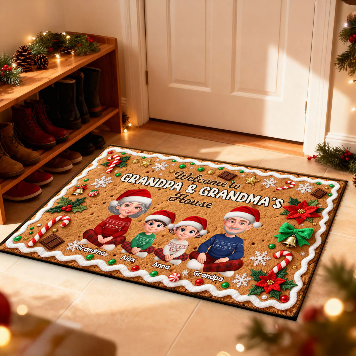 3D Effect Gingerbread Theme Welcome To Grandpa Grandma House Christmas - Personalized Doormat - Image 4